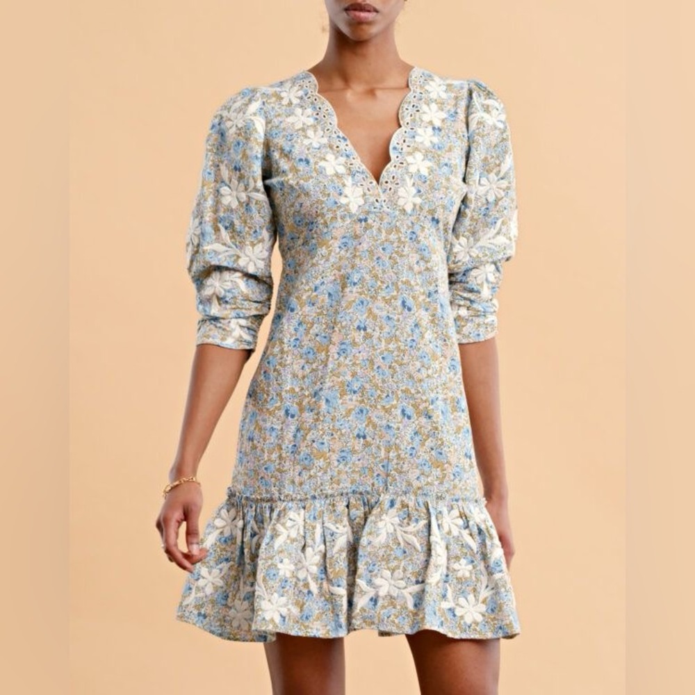 $554 NWT byTiMo Linen-Blend Blue Floral Eyelet Embroidery Mini Dress size XS